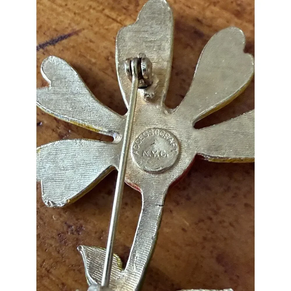 Vintage Hand Painted Flower Brooch Yellow Orange Enamel Floral Pin Signed